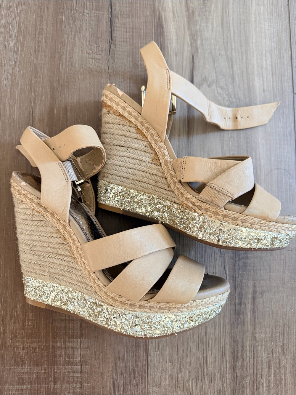 Beige Glitter Espadrille Wedge Sandals - Women's